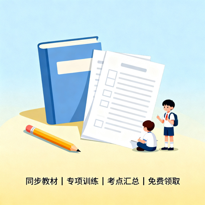 清新简约学习风格插画，画面包含书本、试卷、铅笔和小学生学习元素，浅蓝和暖黄渐变干净底色，适配教育类公众号排版，底部添加小字文案“同步教材｜专项训练｜考点汇总｜免费领取”，整体干净舒适预览效果