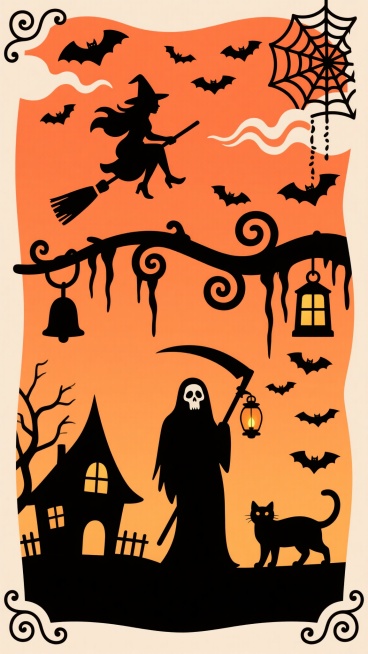 扁平风格万圣节主题背景，以深橙色渐变天空为底色，点缀黑色哥特式卷曲藤蔓与垂挂的钟乳石状装饰，画面顶部有骑着扫帚的女巫剪影与一群盘旋的蝙蝠，右上角悬挂着带有螺旋花纹的蜘蛛网。底部左侧是尖顶女巫小屋与枯树枝，中央为手持镰刀和灯笼的死神剪影，右侧有一只弓背的黑猫，周围散落着更多蝙蝠剪影，整体采用黑橙对比色，线条流畅圆润，装饰元素包括波浪形云朵、发光窗户和卷曲边角，营造神秘欢快的节日氛围。预览效果