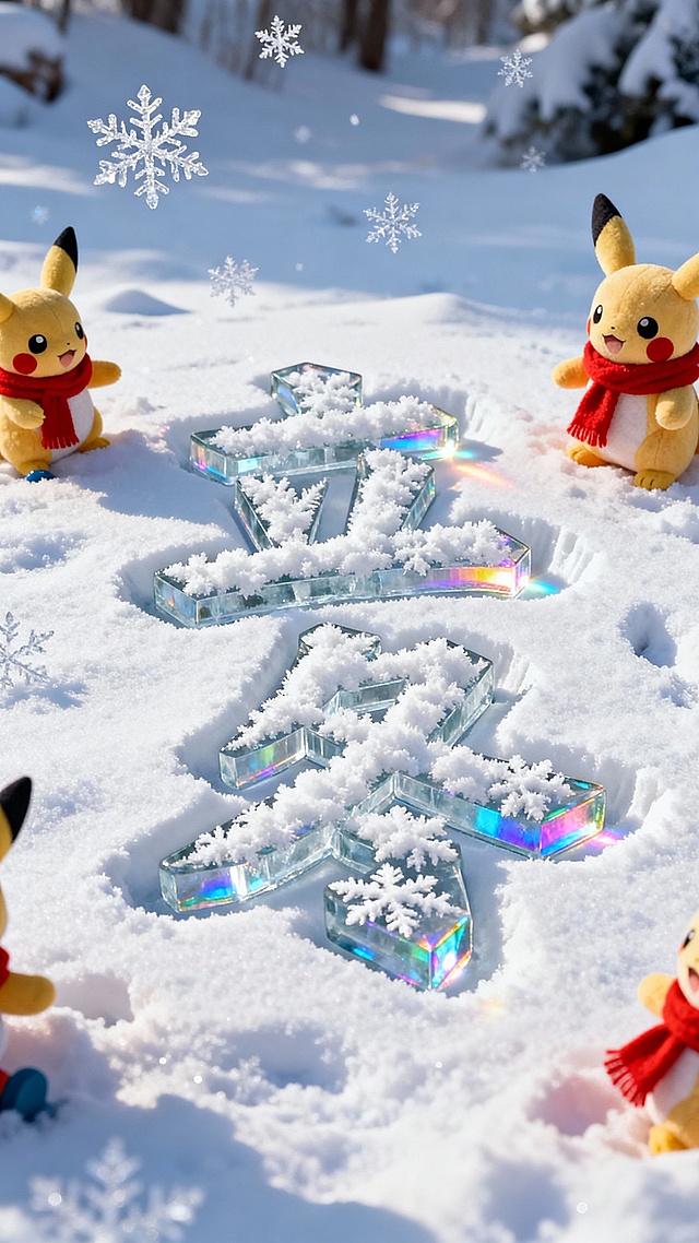 背景是皑皑白雪个别特写的雪花：前景是晶莹剔透“立冬”蓬松雪花繁体字，冰雕雪花纹理描边，多层冰块玻璃质感叠加有一定厚度，重重的扎在松软白茫茫的雪地里，文字四周有深深的凹痕，有道光线照射在边缘上，文字折射出彩色光泽。画面清透明亮极致高清，周围有布偶带着红色围巾玩耍