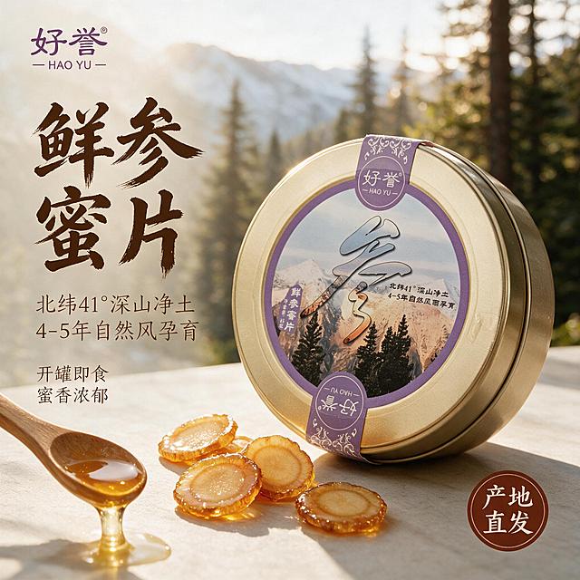 [主图-1] 人参蜜片首图 食欲诱惑与产地氛围。
[氛围风格] 自然滋补国风质感 暖调高级商业摄影 画面干净有食欲。
[画质] 商业摄影质感 光线柔和通透 产品清晰真实 画面干净高级 超高清微距细节。
[元素] 画面右侧主体为一罐好誉鲜参蜜片 金色罐盖紫色标签 保持产品外观（物理结构 材质质感 颜色）与输入产品图完全一致 杜绝任何变形和色差 精细化处理。罐身微微倾斜 旁边散落3-5片饱满的人参蜜片 蜜片表面有晶莹的蜂蜜光泽 直径约2cm左右 切面纹理清晰可见。背景为长白山风格的深山松林与远山雪景虚化 阳光从林间穿透形成丁达尔效应。左下角有一小勺蜂蜜正在滴落 形成动态拉丝效果。左上角放置从产品图提取的"好誉 HAO YU"品牌Logo 保持原字形与紫色配色。商品主体占比约65% 画面满屏无边框。
[光影] 自然暖阳逆光为主光 从右后方穿透林间 蜜片边缘有通透金边 蜂蜜有高光折射 罐盖金色有柔和反光 左侧柔光补光 暗部有层次 整体温暖通透 无生硬阴影。
[配色] 主色暖金+原木棕 辅色浅紫（产品标签色） 点缀色蜂蜜琥珀黄。
[视角构图] 45度俯视偏平视 产品为视觉中心 前中后景分层 前景蜜片与蜂蜜 中景罐体 背景远山松林虚化 景深中等。
[文字版式] 左侧负空间左对齐留安全边距 主标题大字"鲜参蜜片" 粗笔刷书法字体 深棕色最大号 下方辅助文案"北纬41°深山净土 4-5年自然孕育" 细宋体 字号约主标题一半 颜色深棕。再下方小字"开罐即食 蜜香浓郁"。底部右侧有圆形印章式标签"产地直发" 红棕色底白字。
[输出要求] 1:1比例 文字清晰锐利 超高清商业摄影质感。
[负向提示词] 变形 文字错乱 产品图模糊 背景杂乱 水印 电商平台Logo 多余手指 手部扭曲。