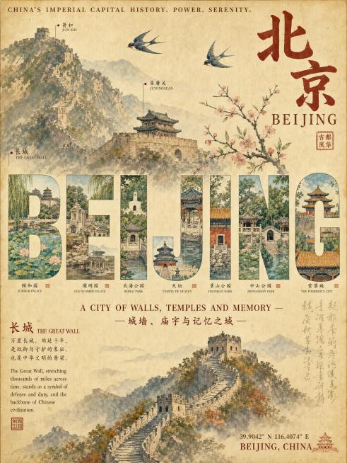 竖版复古城市海报，主色调为米黄旧纸色+古建红墙蓝瓦，整体复古水彩插画风，8K质感。
主体画面：
上半部分是北京地标水彩插画（故宫、天坛、长城剪影、玉兰花、燕子）；中间是“BEIJING”字母由不同北京预览效果