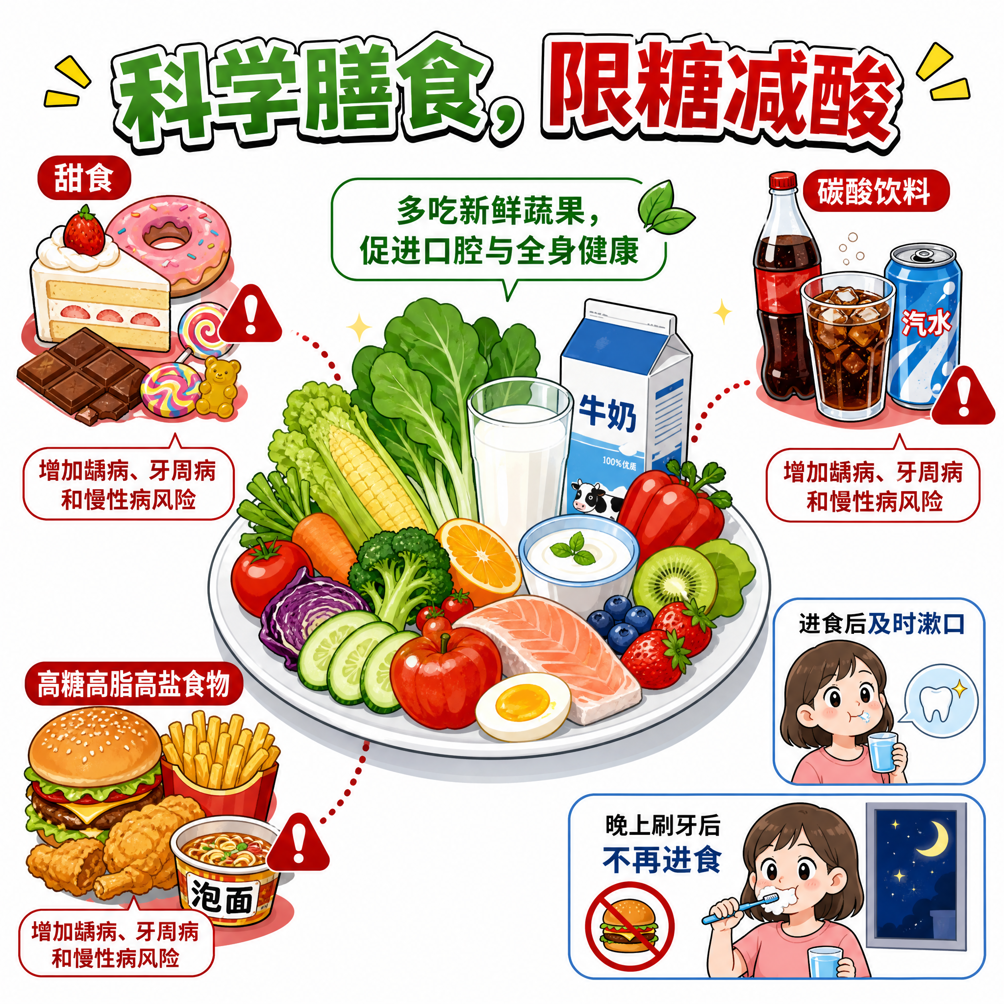 医学科普漫画风格插画，主题'科学膳食，限糖减酸'。画面中央一个… - 图片创意预览