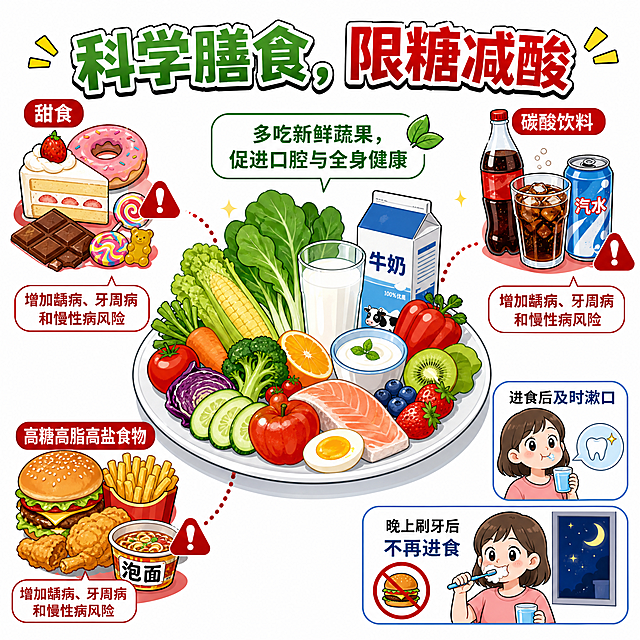 医学科普漫画风格插画，主题'科学膳食，限糖减酸'。画面中央一个餐盘，装满新鲜蔬果、牛奶等健康食物，标注'多吃新鲜蔬果，促进口腔与全身健康'；周围画红色警示：甜食、碳酸饮料、高糖高脂高盐食物，标注'增加龋病、牙周病和慢性病风险'；右下角小图：进食后及时漱口，晚上刷牙后不再进食。日式医学科普漫画风格，色彩明快，对比清晰，白色背景