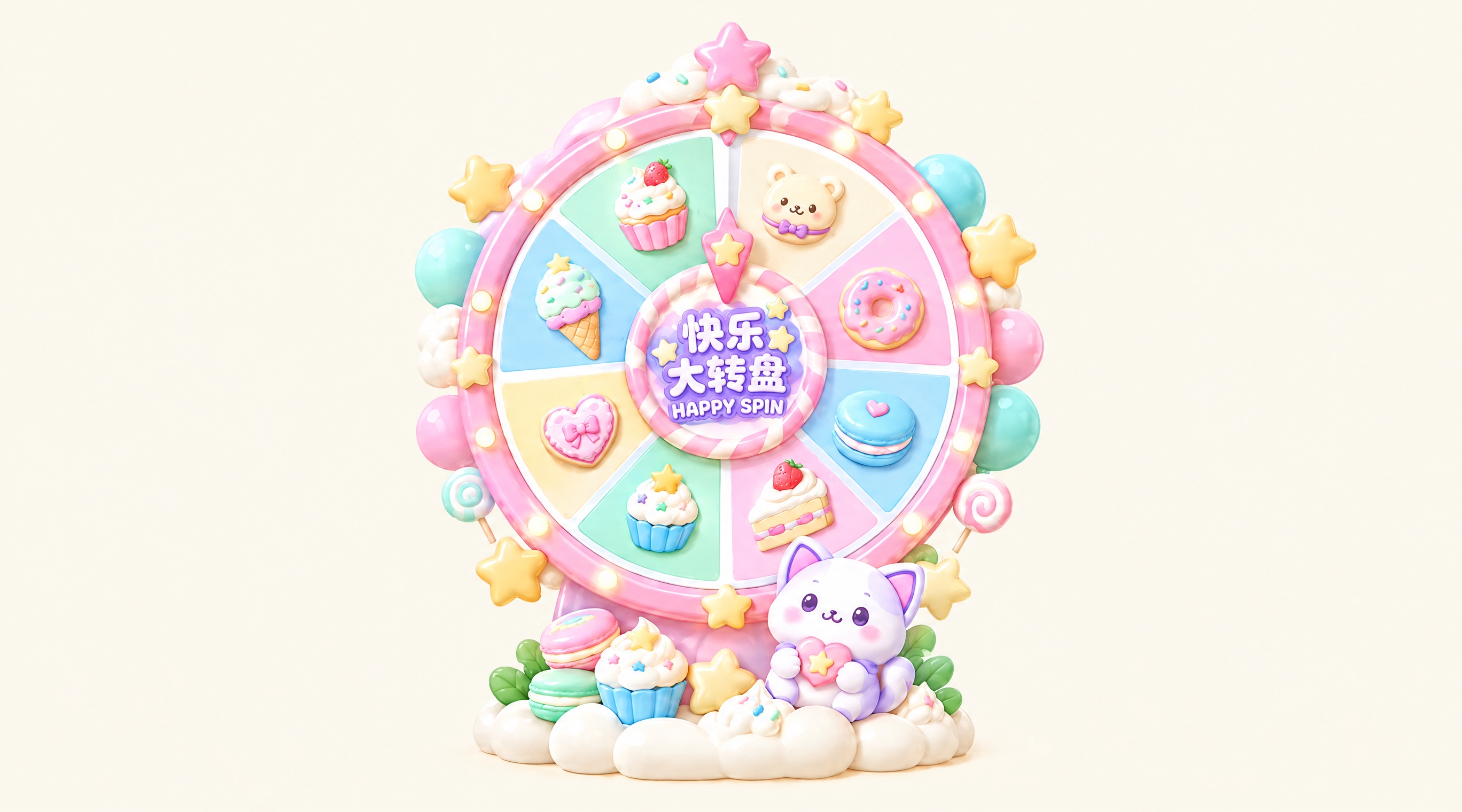 保持这张大转盘抽奖装置图的整体画面、构图、配色、3D软萌治愈风… - 图片创意预览