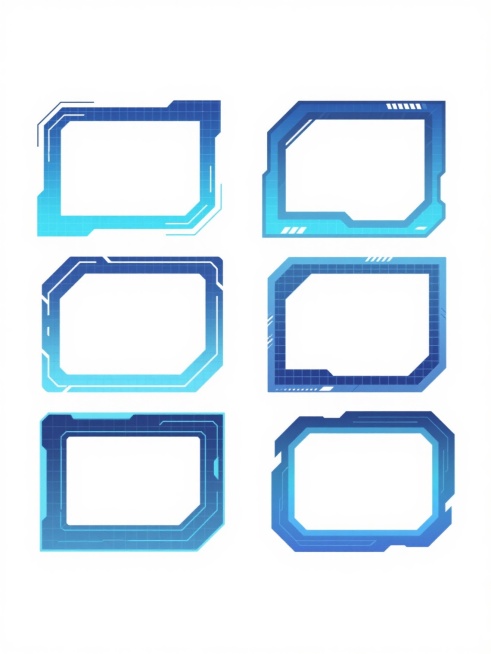 六个排列整齐的科技风格边框，每个边框拥有不同配色和独特样式，均保持原图的数字矢量艺术风格，线条锐利，边缘清晰，具有蓝色系渐变与网格纹理的视觉特征，内部为透明空白区域，整体置于纯白色背景上，呈现出简洁、现代的科技感设计。预览效果