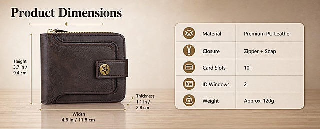 [商品] 使用【图6】深棕色复古PU皮短款全拉链钱包（尺寸图）；商品处理：保留钱包正面外观、颜色、按扣带、星形徽章、顶部拉链；增强产品轮廓清晰度，确保尺寸标注比例准确，不改变产品实际比例。
[画面] 页面目标：产品尺寸与规格信息页，清晰展示钱包长宽厚尺寸，辅助购买决策。构图：左图右文，左侧钱包正面立放，占画面约45%，带尺寸标注线；右侧放规格信息表。景别：中景产品展示。前中后景：前景浅木色台面，钱包站立放置，带自然倒影；中景钱包主体和尺寸引线；背景为浅棕到米白的柔和渐变，带细腻哑光质感，简洁干净。阅读动线：从左上标题到左侧产品尺寸，再浏览右侧规格表。
[视觉] 套系策略：风格=跨境极简复古商业摄影；标题字=现代衬线粗体（优雅复古感）；正文字=简洁无衬线体；主色=深棕（复古棕）；背景延展=基于深棕做深浅层级、同色渐变和细腻皮革/仿皮纸质感；强调色=古铜金，仅用于小面积图标、引线、标签和五金高光；标题色=深炭棕；正文色=中暖棕；组件=金色细尺寸线+箭头、圆角浅棕规格信息表、细线分隔；光影=正面均匀柔光，底部柔和投影，产品轮廓清晰。
[文字] 左上主标题"Product Dimensions"（产品尺寸）；钱包旁用金色细线标注：Width 4.6 in / 11.8 cm（宽度）、Height 3.7 in / 9.4 cm（高度）、Thickness 1.1 in / 2.8 cm（厚度）。右侧规格表包含：Material（材质）: Premium PU Leather、Closure（开合）: Zipper + Snap、Card Slots（卡位）: 10+、ID Windows（证件窗）: 2、Weight（重量）: Approx. 120g。所有文字横向排版，清晰易读。
[规格] 图片比例61:25横版（亚马逊高级A+电脑端），4K分辨率，负向提示：避免变形、错字、文字过小、纯白底、冷蓝背景、尺寸比例失调、标注线模糊、单位错误。