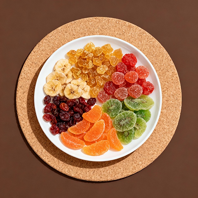 俯拍视角，一个纯白色圆盘置于浅棕圆形餐垫上，餐垫又放在深棕纯色背景中。盘中铺满多种什锦果糖，按色彩与形态分区摆放，构成丰富的视觉层次。整体色调以暖棕、金黄、橙红、翠绿为主，风格为极简干净的美食摄影，光线柔和均匀，无人物与文字，突出食材的天然质感，营造出健康、治愈的视觉氛围。