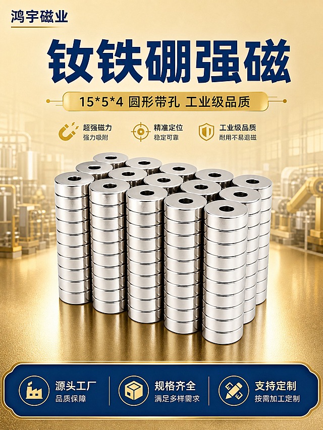 [商品] 使用【图1-图8】钕铁硼强磁 15*5*4 圆形带孔磁铁；保留圆形带孔结构、银色金属电镀外观、钕铁硼材质质感、圆孔细节；增强金属反光和电镀层质感，清理表面灰尘划痕，保持产品真实结构不变形。
[画面] 第1张-头图海报，产品海报型。目标：突出鸿宇磁业钕铁硼强磁的工业品质感和强力吸附定位。构图：上下结构，上方主标题区，中部产品主体大图，底部品牌信息条。主体占画面约60%，多颗圆形带孔磁铁整齐堆叠成阵列，正面45度视角，展示金属光泽和圆孔细节。背景为米金色渐变工业场景，隐约可见工厂设备轮廓，营造源头工厂氛围。
[视觉] 套系策略：风格=蓝金工业品质风；标题字=粗黑体；正文字=黑体；主色=米金色；背景延展=米金色渐变背景，从浅米金到深米金过渡，带细腻金属颗粒质感；强调色=浅金色（#d4af37），仅用于小面积图标、引线、标签和装饰线；标题色=深蓝色（#1a365d）；正文色=深灰色；组件=浅金色细装饰线、深蓝色标题块、浅金色标签胶囊；光影=工业摄影棚硬光，金属表面高光清晰，立体感强。
[文字] 顶部主标题"钕铁硼强磁"深蓝色粗黑体大字号，副标题"15*5*4 圆形带孔 工业级品质"浅金色中字号。左上角"鸿宇磁业"品牌名深蓝色。底部浅金色信息条写"源头工厂 规格齐全 支持定制"。文字不遮挡产品主体。
[规格] 图片比例3:4竖版，2K分辨率，避免变形、错字、文字过小、水印、平台Logo、悬浮感、产品结构失真。