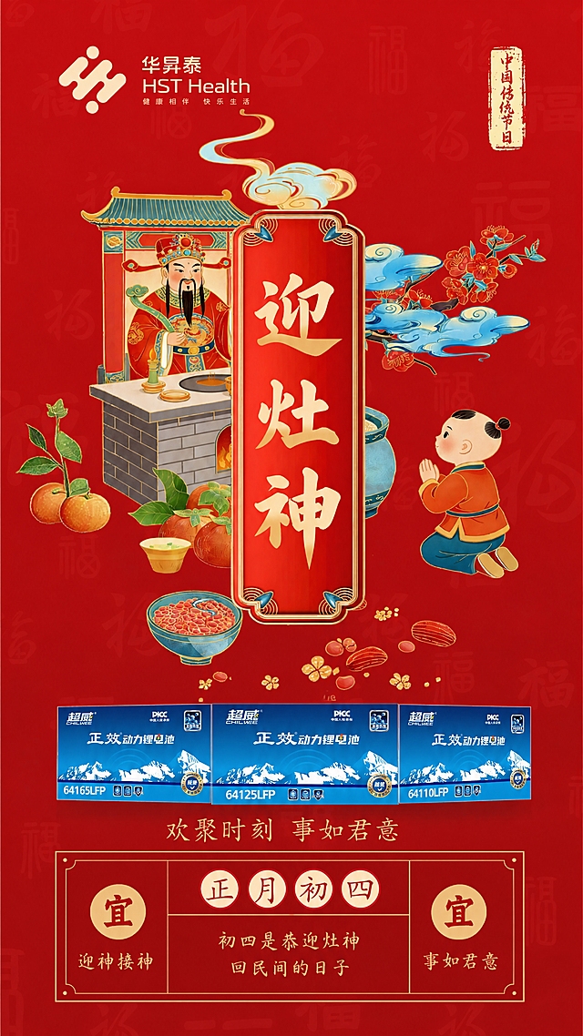 参考第一张图的中国传统新年国潮插画风格，红色背景带有暗纹福字，整体为喜庆的正月初四迎灶神主题海报。保留画面整体构图和风格：左上角有华昇泰HST Health品牌logo，右上角有中国传统节日竖排印章，画面中间有灶神、灶台、跪拜的孩童、梅花祥云、橘子供品等国潮插画元素，中间竖排红色牌匾写着金色大字"迎灶神"，底部有"欢聚时刻 事如君意"文字和正月初四宜忌信息框。在图片中下方位置，添加第二张图中的超威正效动力电池组（三个蓝色电池并排摆放，带有雪山图案和超威品牌标识），电池自然融入画面，保持整体国潮喜庆风格统一，色彩协调，画面精致细腻，高清画质