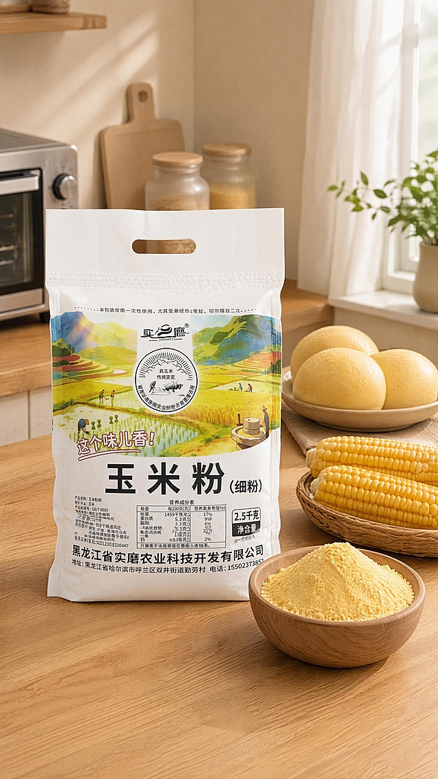 玉米粉包装袋，严格参照上传产品图，完整保留所有可见组件、部件、轮廓形状、结构、比例、材质质感、颜色与产品本体上的文字信息（logo/型号/规格/参数/浮雕/刻度等），与上传图完全一致；自然融入场景光影，与场景共处同一物理空间。
室内家居厨房台面场景，暖黄奶白色调，玉米面馒头与玉米粉原料对比展示场景。
柔和漫射晨光从右侧窗户照入（还原参考图自然光方向），产品受光面泛起奶黄色、暗部映射木桌浅棕光晕，与环境物理融合。产品位于画面中下部左侧，中景构图，完整不裁切。
微侧20°微俯视角。
全量换款清单：①承载面：参考图浅木桌面 → 生成图橡木实木台面（同实木大类，换木种颜色）；②主食道具：参考图玉米发糕 → 生成图玉米馒头（同玉米面主食大类，换造型）；③粉碗：参考图黑色小碗 → 生成图原木小碗（同盛粉容器大类，换材质）；④玉米：参考图带皮玉米 → 生成图去皮玉米棒（同玉米，换形态）；⑤背景罐：参考图玻璃罐 → 生成图磨砂玻璃罐（同玻璃罐大类，换质感）；⑥微波炉：参考图白色微波炉 → 生成图银色烤箱（同厨房电器大类，换品类）；⑦砧板：参考图木质砧板 → 生成图塑料砧板（同砧板大类，换材质）。
消除产品本体之外的所有卖点文字、水印、价格、排版角标、装饰边框等营销信息。
4K分辨率，严格锁定宽高比为9:16。
