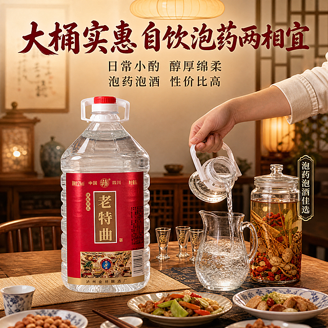 [主图-4] 使用场景，家庭自饮与泡药两用。
[统一基调] 国风品质感，红金主色调，背景为温馨中式家居餐厅场景，标题字为深红色粗书法体，辅助文案为深棕色宋体，整体有生活气息。
[画面] 产品桶装白酒放在中式实木餐桌上，占画面中心偏左位置，占比50%。右侧场景展示两种用途：一边是一只手正拿着酒提从桶中打酒倒入玻璃酒壶，旁边摆着两三个小酒杯和几样家常下酒菜；另一边是一个玻璃泡酒瓶，里面泡着枸杞人参等药材，旁边标注"泡药泡酒佳选"。背景是中式餐边柜和柔和灯光，营造家庭温馨氛围。
[光影质感] 室内暖光效果，主光从上方吊灯打下，桌面有柔和光影，产品和场景融合自然，有生活真实感，不生硬。
[配色] 暖木色家居背景，深红标题字，深棕辅助字，金色点缀，产品保持原样。
[文字版式] 上方主标题"大桶实惠 自饮泡药两相宜"，下方分两行小字"日常小酌 醇厚绵柔 / 泡药泡酒 性价比高"。文字放在画面上方负空间，不遮挡产品和场景主体。
[输出要求] 1:1正方形，2048px，场景自然真实，产品清晰不变形，文字清晰无错字，无水印，无平台Logo，禁止手部畸形穿模。