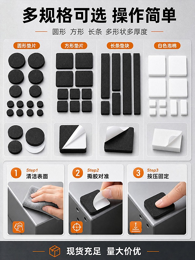 [商品] 使用【图4】多形状EVA泡棉垫片（圆形+方形+长条+黑白两色）、【图5】方形垫片、【图2】圆形垫片；保留黑色/白色泡棉材质、圆形/方形/长条形状、白色离型纸背胶、细密泡孔纹理；产品处理：增强质感，边缘整齐，各形状规格区分清晰。
[画面] 页面目标：多规格产品矩阵展示+使用方法步骤，解决选型和使用问题，作为收口页。构图：上下分层，上半部分产品矩阵，下半部分使用步骤。主体位置：上半部分约55%画面为多规格产品矩阵陈列——圆形垫片区、方形垫片区、长条块状区、白色泡棉区，分区域整齐排列，每个区域上方有小标签标注形状类型，形成清晰的产品矩阵。下半部分约45%画面为3步使用方法演示：Step1 擦拭清洁接触面；Step2 撕开离型纸对准粘贴；Step3 按压牢固即可使用。每步配有手部动作小图。景别：上半部分中景俯视，下半部分近景操作。阅读动线：从上到下，先选品再看用法。前中后景：前景产品矩阵，背景浅灰工业风。
[视觉] 套系策略：风格=1688工业B端专业风 场景化商业摄影；标题字=粗黑无衬线商务字体；正文字=简洁无衬线体；主色=深炭灰黑；背景延展=基于深灰做浅灰-中灰-深灰渐变层级，搭配细腻工业网格/线条纹理；强调色=橙色，仅用于小面积图标、引线、标签和重点数字；标题色=深炭黑色；正文色=中灰色；组件=圆角浅灰信息卡、细线引线、橙色图标点缀；光影=顶光均匀照射，产品底部有轻微接触阴影，阵列整齐有秩序感。
[文字] 顶部主标题大字：多规格可选 操作简单；主标题下方副标题：圆形 方形 长条 多形状多厚度；产品矩阵各区域标签：圆形垫片 方形垫片 长条垫块 白色泡棉；下半部分3步标题：Step1 清洁表面 Step2 撕胶对准 Step3 按压固定；底部一行说明：现货充足 量大价优。文字全部横排。
[规格] 图片比例3:4竖版，4K，避免变形、错字、文字过小、颜色失真、边缘毛糙、悬浮感、水印、平台logo。
