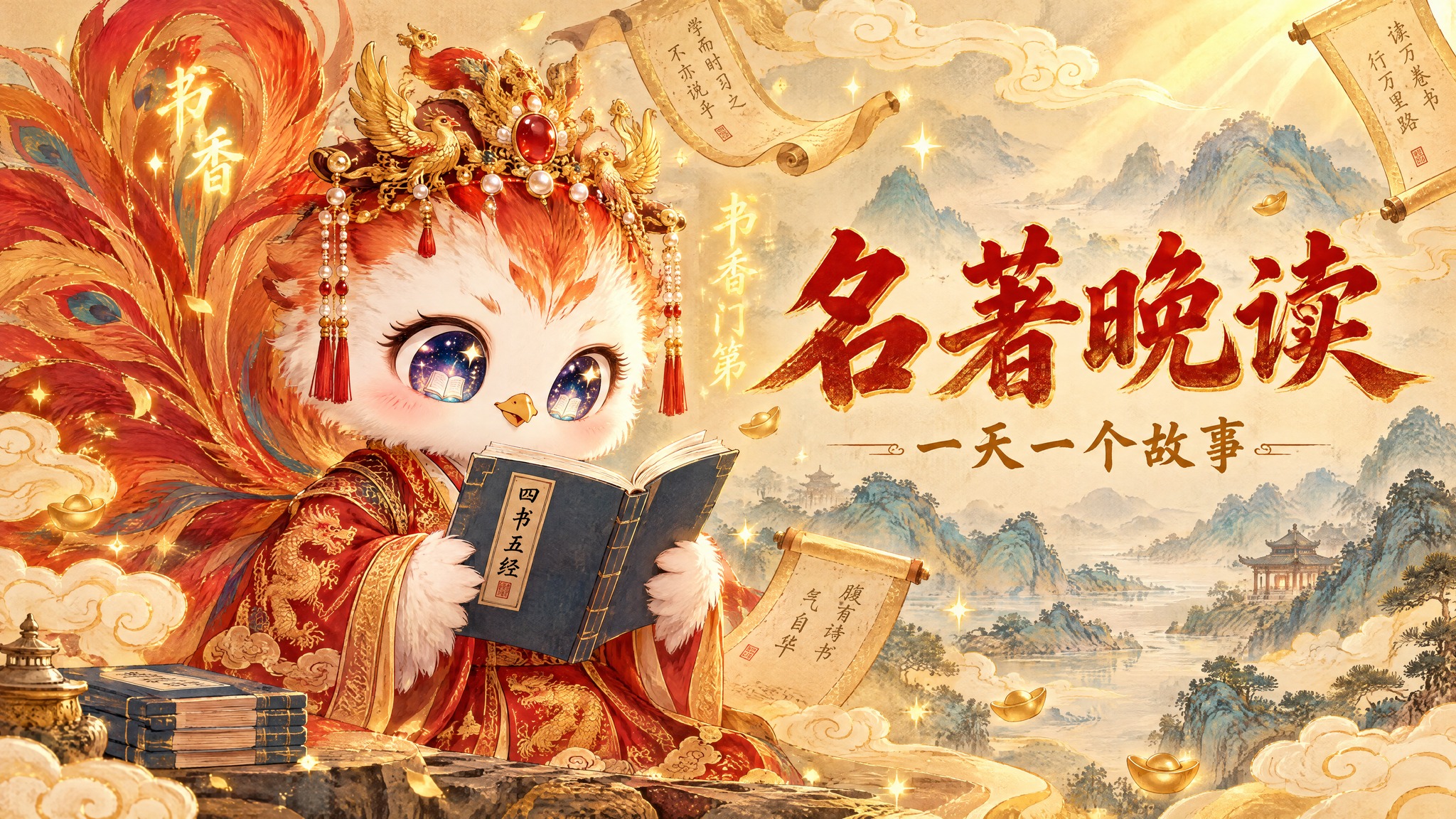国风名著晚读宣传图，1080乘605像素。左侧是戴冠穿红金汉服… - 图片创意预览