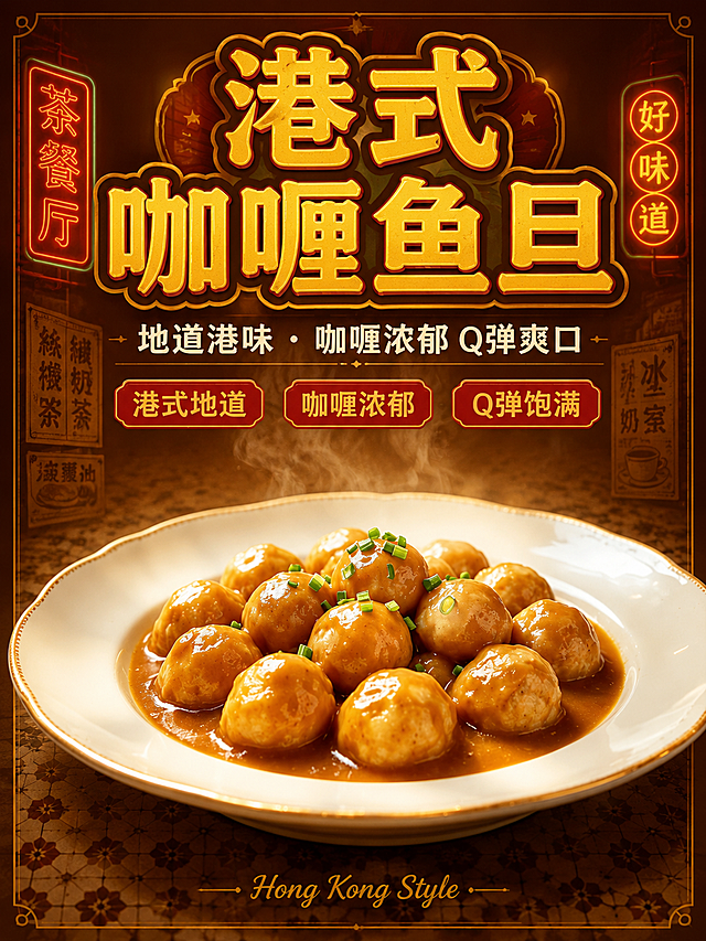 港式茶餐厅复古风格咖喱鱼旦海报，竖向3:4比例，暖黄咖色调，港味浓郁。背景为暖棕色渐变，带有复古港式地砖纹理和霓虹灯管光晕点缀，怀旧茶餐厅氛围，背景简洁不复杂。画面中部偏下为【图1】中的咖喱鱼蛋菜品，去掉原有餐厅背景，只保留白色瓷盘和盘中的咖喱鱼蛋、酱汁、葱花，鱼蛋圆润饱满，咖喱酱汁金黄浓郁有光泽，热气腾腾，占据画面主要视觉焦点，产品完整清晰。上方为文字区：主标题大号粗体字写"港式咖喱鱼旦"，字体有复古港式招牌风格，金黄色配深色描边，醒目有冲击力；其下方副标题写"地道港味 · 咖喱浓郁 Q弹爽口"，白色或浅黄色字体；再下方三个小标签横向排列，分别写"港式地道""咖喱浓郁""Q弹饱满"，标签为复古红底黄字圆角矩形。底部可有小字英文"Hong Kong Style"装饰。整体版式精美，上文下图，层次分明，四周留有舒适边距，港式复古餐饮氛围，食欲感强，超高清画质，2K分辨率。【咖喱鱼蛋菜品】100%还原上传商品图的产品外形、摆盘形态、鱼蛋数量与形状、咖喱酱汁色泽、葱花分布与瓷盘样式，以上传图为唯一商品主体来源，完整保留原图中的鱼丸圆润形状、咖喱酱金黄颜色、葱花点缀、白瓷盘造型与金色花边，产品结构、材质质感、颜色与整体摆盘均与上传图保持一致；设计仅作用于背景、光影、装饰元素和文字区；商品主体占比约50%～60%，文字不遮挡主体。画面中所有信息区域必须填充完整合理的内容，不得出现空白框、空白占位。画面中所有文字必须精确渲染，不得错位、遗漏或编造。