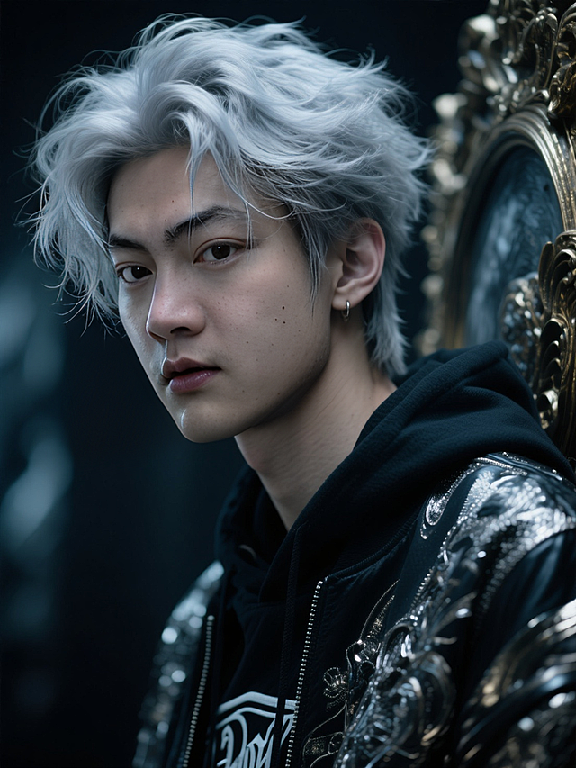 帅哥真人写真，嘻哈风着装，银发蓬松微乱。性格孤僻，整体画面融合高级、复杂元素，暗黑暧昧又带亢奋感，具天野喜孝风格。镜头美学突出，电影质感强烈，以特写捕捉细节，呈现电影级治愈系朦胧高级感，为大师级获奖作品。8K超高清画质，细腻展现真人皮肤纹理，精致丰富。冷色调，35mm 1.4f拍摄，背景华丽装饰，真实光影，完美品质。