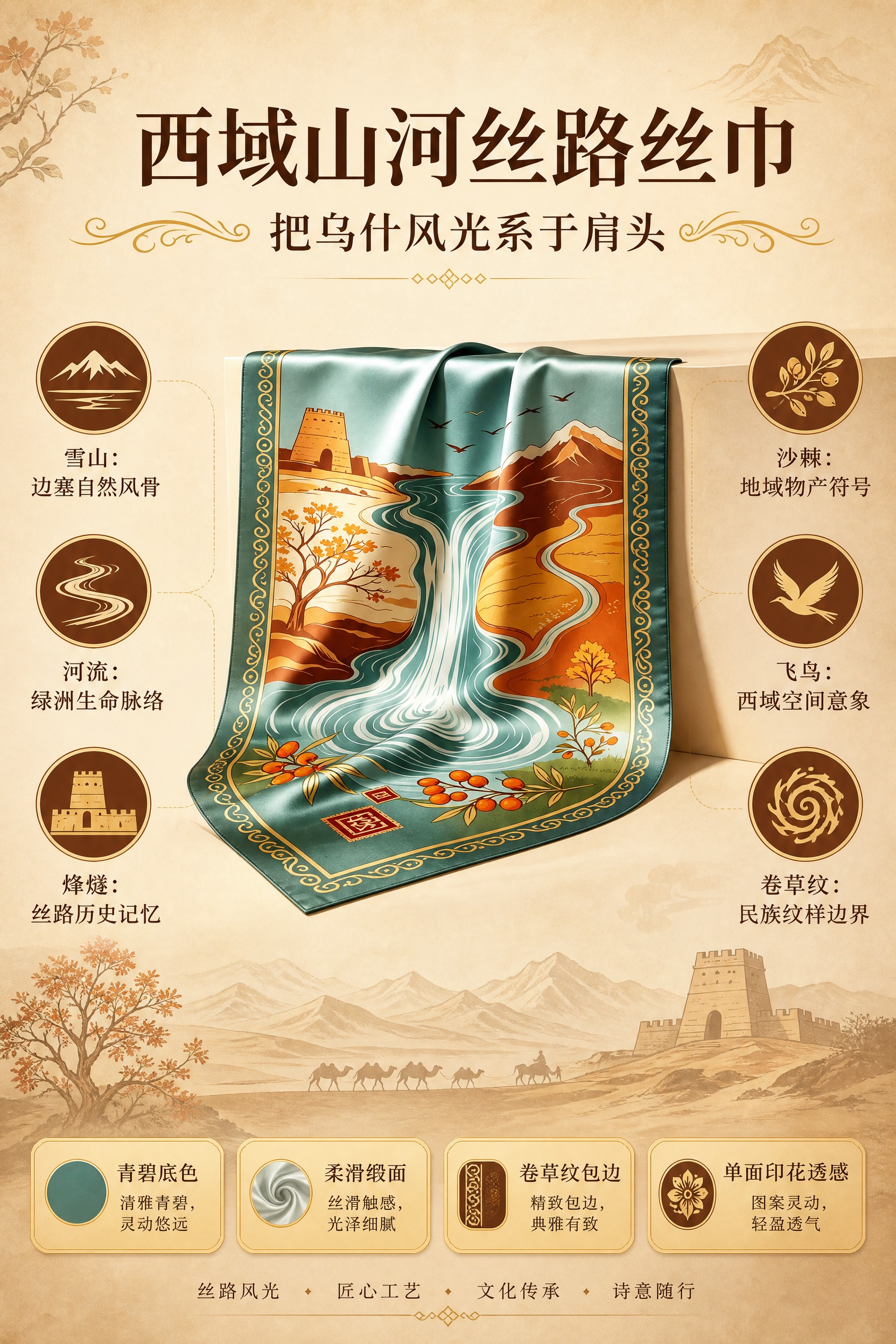 A4竖版丝巾创意效果图海报，国风新中式工笔风格，暖米杏色渐变背… - 图片创意预览