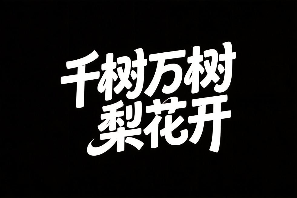 参考参考图的字体设计风格，设计横向排版黑底白字"千树万树梨花开"，延续参考图夸张弯曲连笔、粗细变化的设计特点，保持字体动感和艺术感预览效果