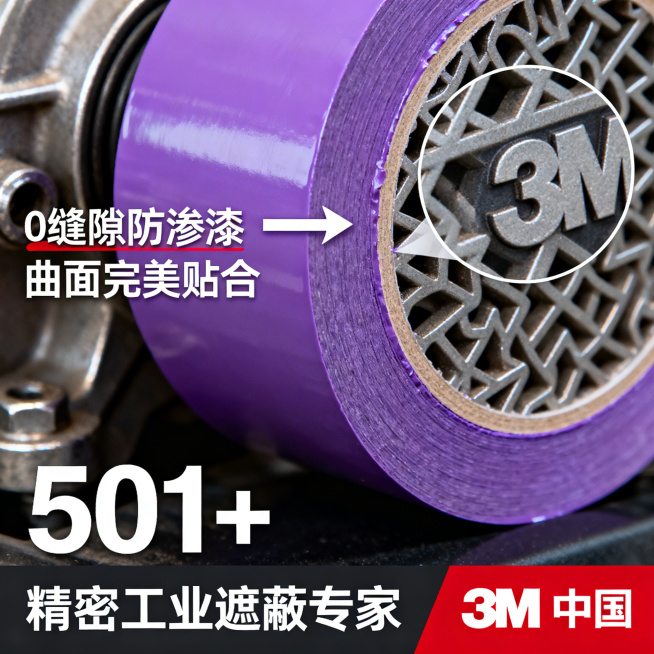 淘宝主图，采用微距特写风格，画面展示3M 501+紫色耐高温工业遮蔽胶带紧密贴合在带有复杂纹理的金属零件上，突出胶带边缘的密封性，旁边用放大箭头标注"0缝隙防渗漆""曲面完美贴合"，底部添加"精密工业预览效果