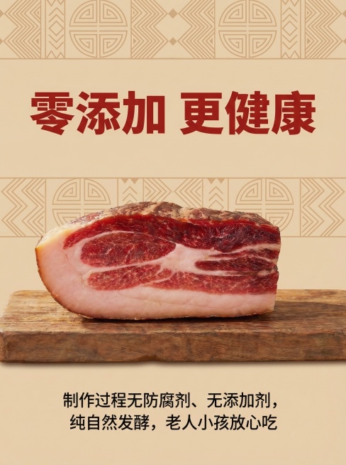 云南宣威特色风格详情页，浅棕色民族纹样底，居中是火腿块实拍，上方加粗正红标题"零添加 更健康"，下方黑色小字说明"制作过程无防腐剂、无添加剂，纯自然发酵，老人小孩放心吃"，风格统一简约，突出安全卖点。预览效果