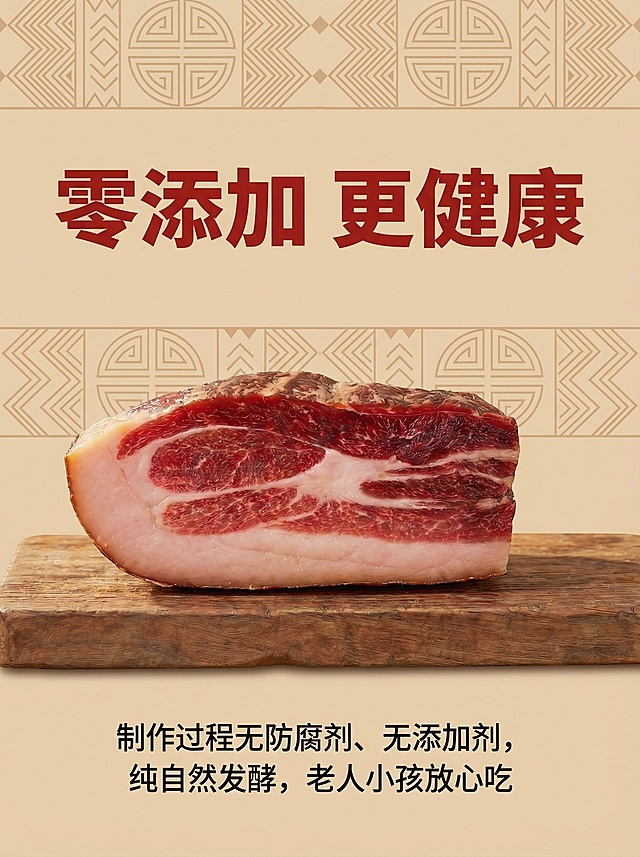 云南宣威特色风格详情页，浅棕色民族纹样底，居中是火腿块实拍，上方加粗正红标题"零添加 更健康"，下方黑色小字说明"制作过程无防腐剂、无添加剂，纯自然发酵，老人小孩放心吃"，风格统一简约，突出安全卖点。