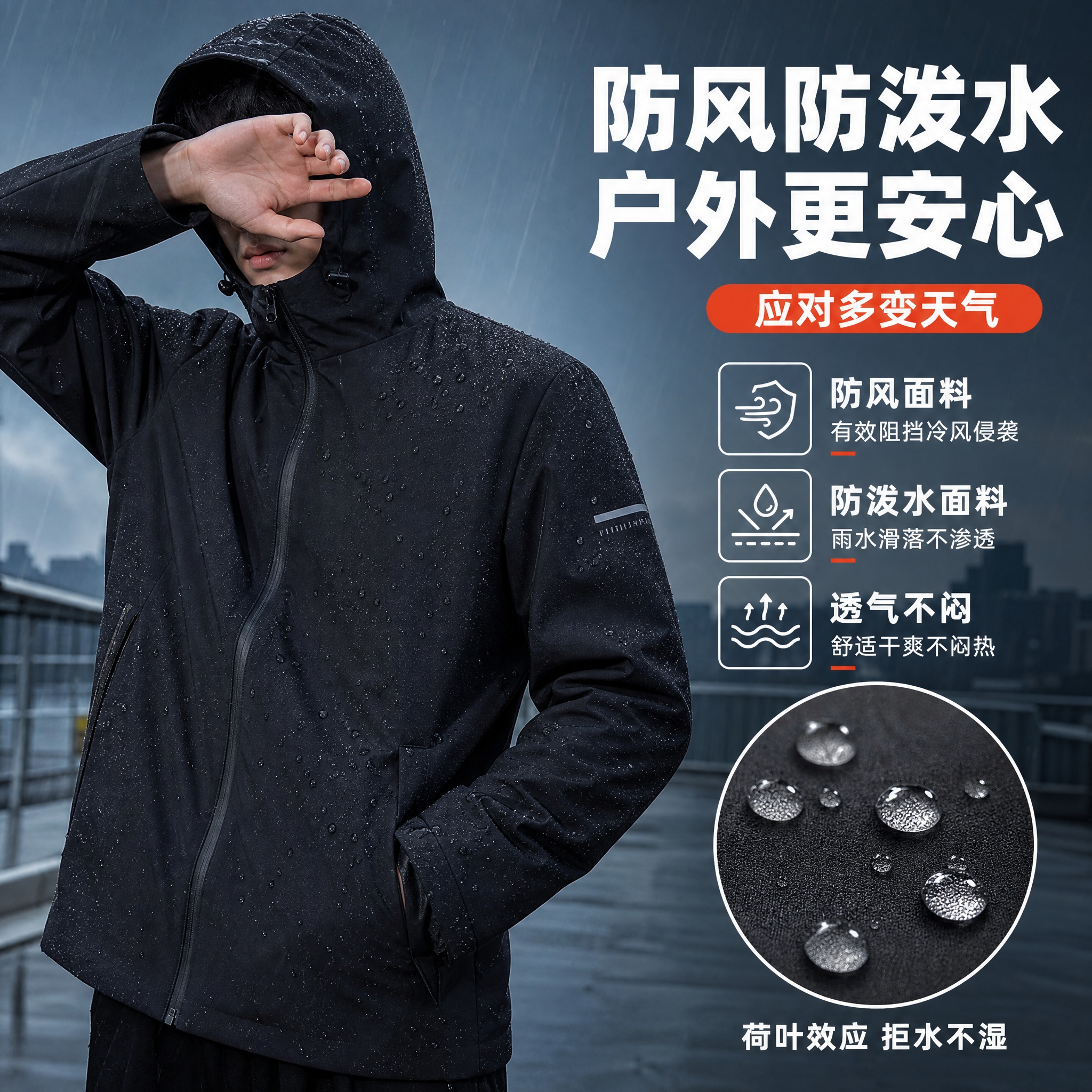 [主图-6] 防风防泼水功能图，主题：防风防泼水 应对多变天气… - 图片创意预览