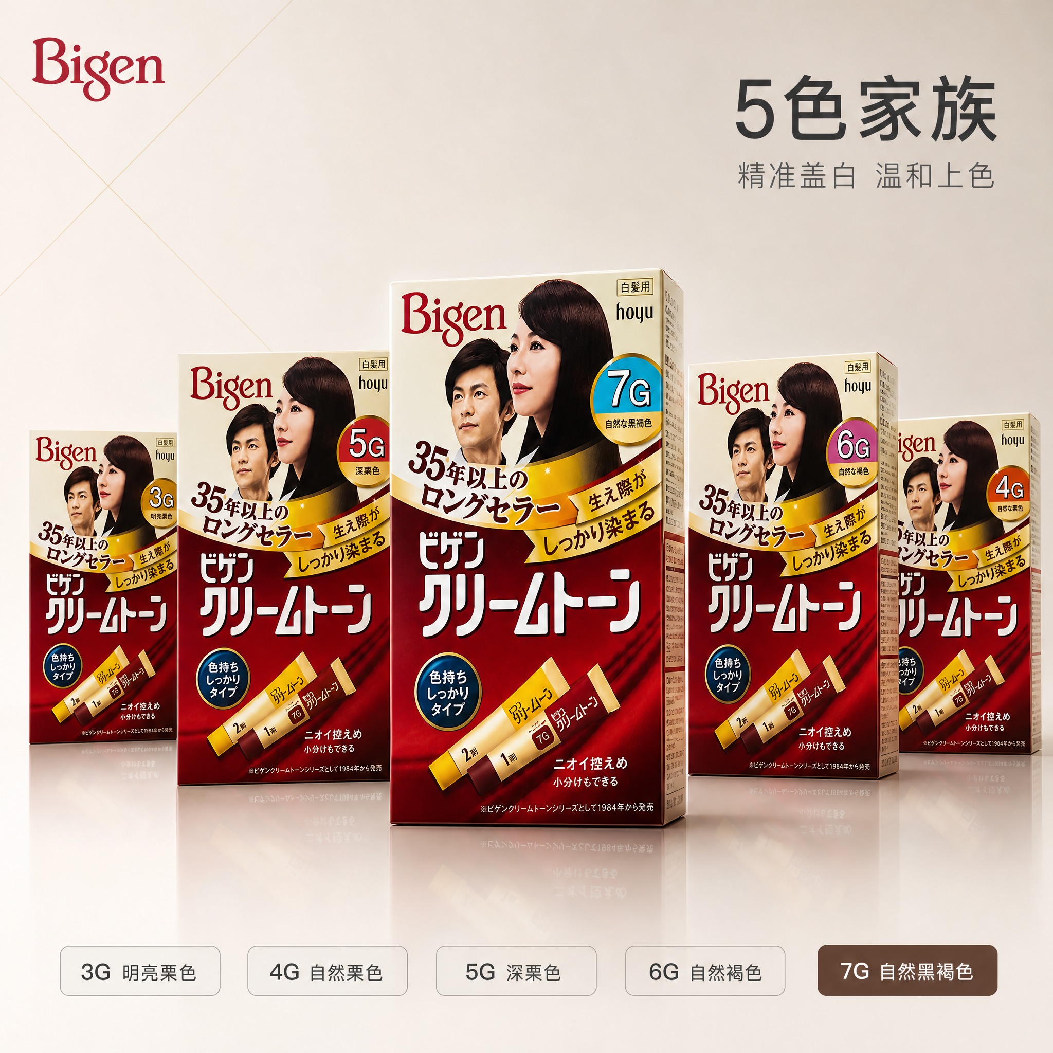 [单张主图] Bigen美源可瑞慕染发膏 5色号家族展示主图，… - 图片创意预览