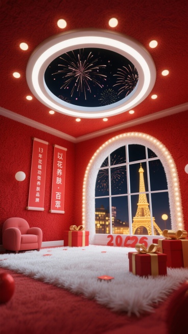 帮我生产类似十张，这是采用Soft3D可爱软萌3D风格打造的室内场景，以低视角仰拍的构图呈现，空间内墙面与天花板均覆盖红色毛绒材质，地面铺着蓬松的白色长毛绒地毯；左侧墙面悬挂两幅红色竖幅卷轴，印有白色预览效果