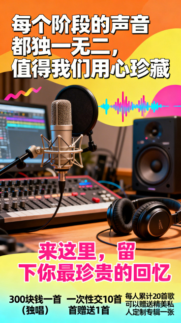专业录音棚宣传海报，风格年轻有活力，明亮活泼配色，加入潮流音乐元素、活泼的声波图案等，背景有专业录音设备、麦克风、监听耳机，文字内容为：“每个阶段的声音都独一无二，值得我们用心珍藏。来这里，留下你最珍预览效果