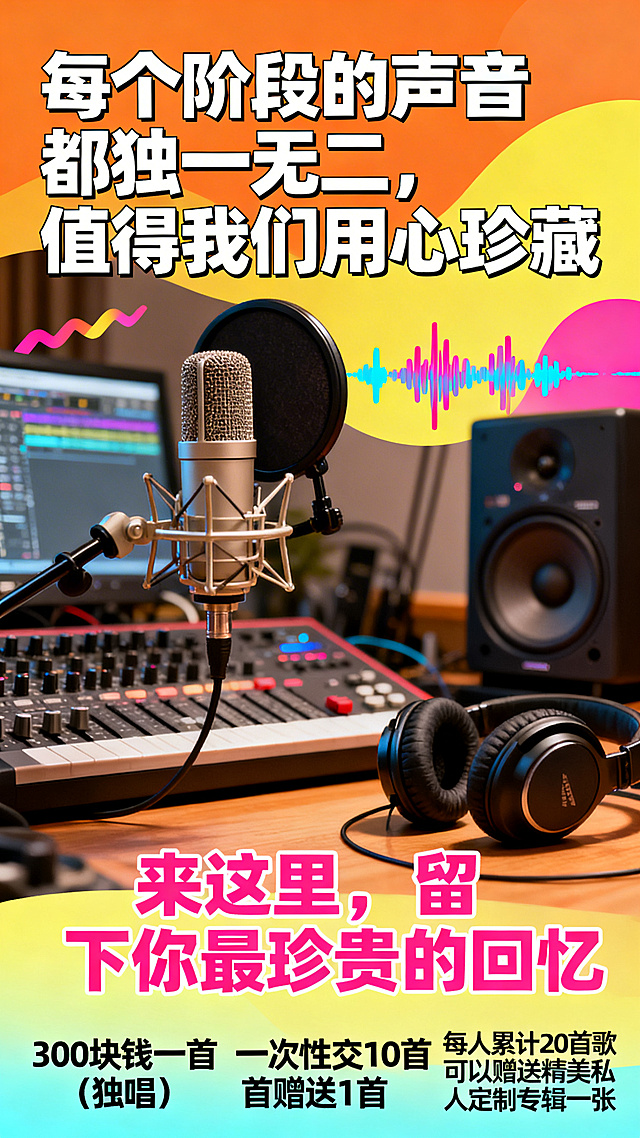 专业录音棚宣传海报，风格年轻有活力，明亮活泼配色，加入潮流音乐元素、活泼的声波图案等，背景有专业录音设备、麦克风、监听耳机，文字内容为：“每个阶段的声音都独一无二，值得我们用心珍藏。来这里，留下你最珍贵的回忆。300块钱一首（独唱），一次性交10首赠送1首，每人累计20首歌可以赠送精美私人定制专辑一张”，文字排版潮流有设计感，适合面向年轻群体宣传