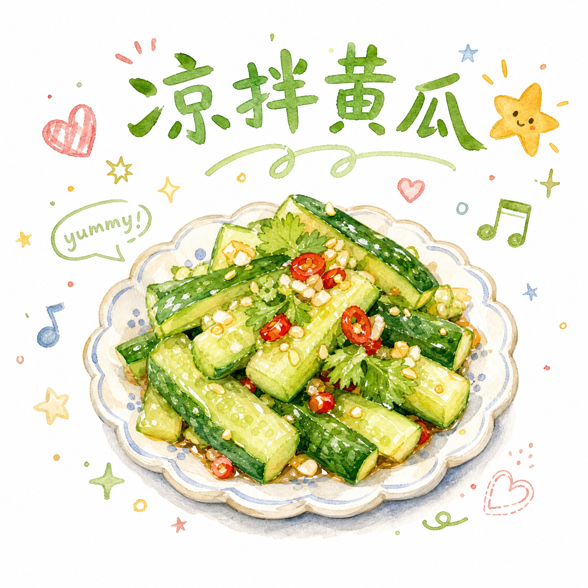 手绘水彩风格的凉拌黄瓜菜品插画，参考图中的手绘水彩质感和可爱装… - 图片创意预览