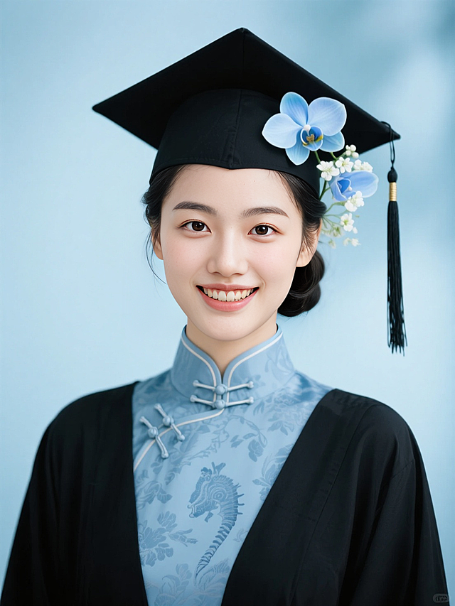 女生，学士服证件照，复古妆容，古典低盘发戴学士帽，黑色穗子，头上簪两朵浅蓝色的蝴蝶兰和白色小花，黑色学士服领口有复古花纹，内衬是淡蓝色旗袍盘扣领口，浅蓝色朦胧背景，露齿笑