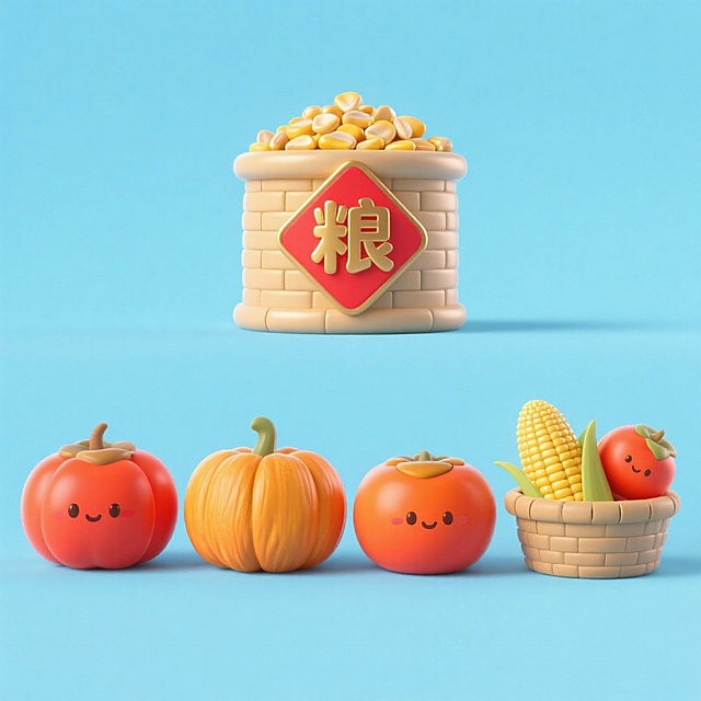 4个中秋素材组合，可爱电商促销感。素材包括：第一个粮仓（贴着带有 “粮” 字的红色菱形福字）；第二个一筐玉米；第三个一筐柿子；第四个南瓜。画面整体呈现鲜艳效果，淡蓝色背景。上下两行，排列整齐