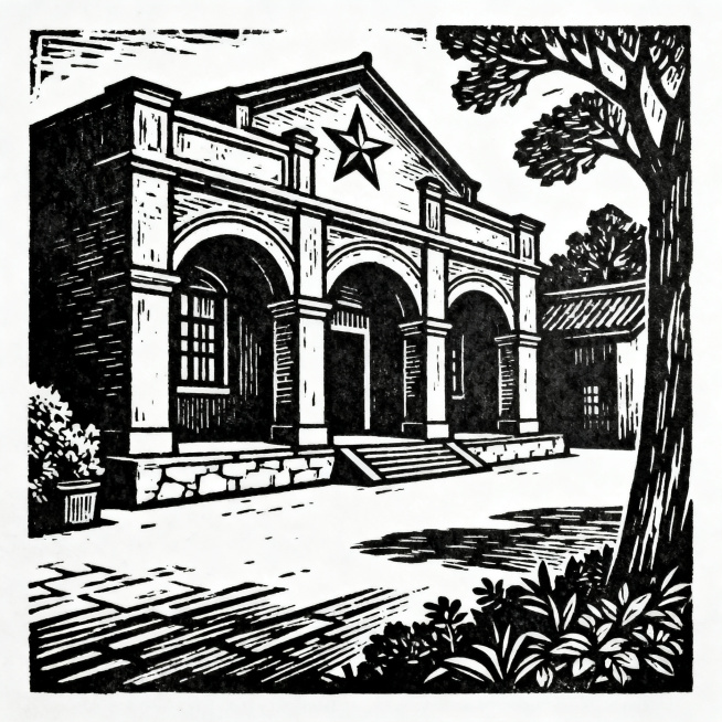 红色文化纪念主题黑白木刻版画，红色遗址建筑，经典版画风格，黑白分明，线条硬朗，庄重大气预览效果