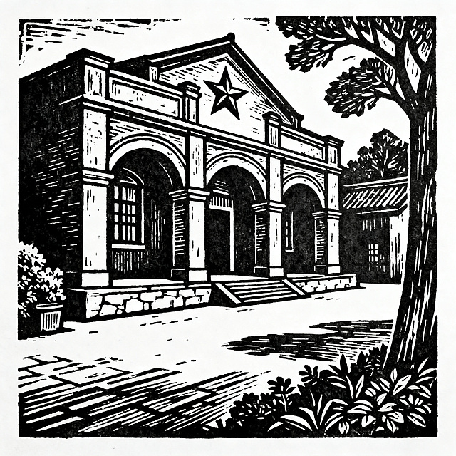 红色文化纪念主题黑白木刻版画，红色遗址建筑，经典版画风格，黑白分明，线条硬朗，庄重大气