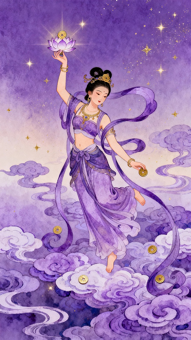 敦煌飞天仙女手持莲花与铜钱，漂浮在梦幻紫色祥云中，背景是渐变紫罗兰色与金色星点，新国风插画，细腻光感，吉祥寓意