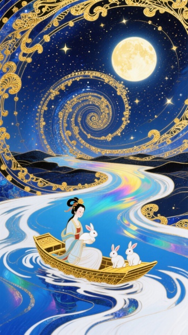 梦幻奇幻风格，全景，小船（漂浮在蓝白色河流上，船上嫦娥抱着一只玉兔，脚下还有2只小兔子）居画底部，星空漩涡从小船向四周扩散成漩涡状星空（深金色交织），中央发光满月，超现实的星空河流世界，梦幻感，色彩以预览效果