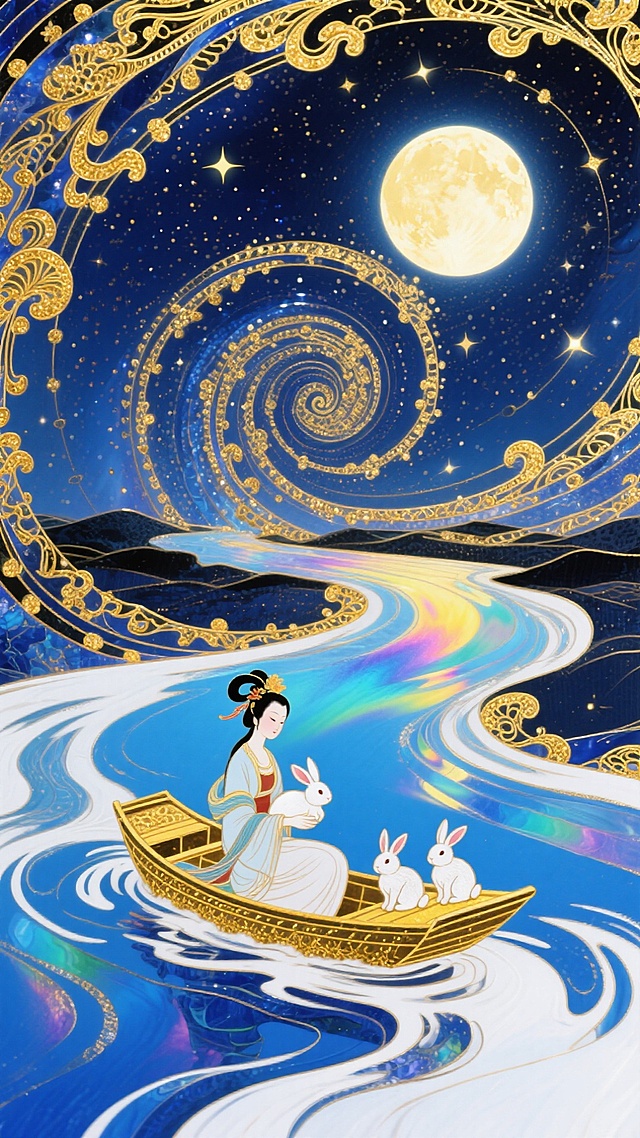 梦幻奇幻风格，全景，小船（漂浮在蓝白色河流上，船上嫦娥抱着一只玉兔，脚下还有2只小兔子）居画底部，星空漩涡从小船向四周扩散成漩涡状星空（深金色交织），中央发光满月，超现实的星空河流世界，梦幻感，色彩以深邃蓝、暖黄为主，搭配金色点缀