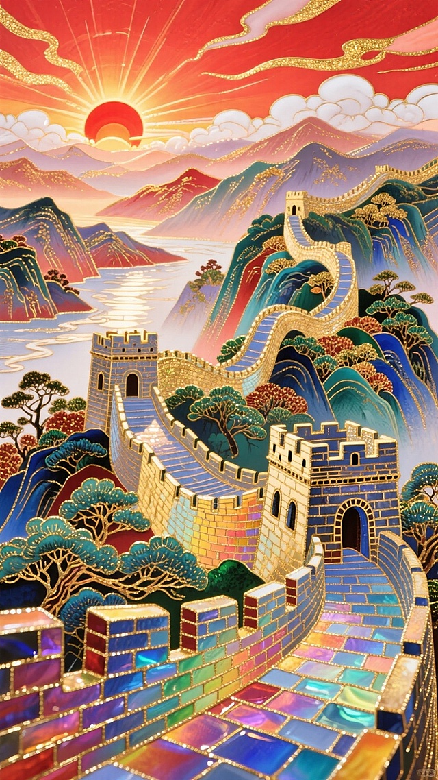 国潮风与工笔风交融，鎏金线条勾勒长城蜿蜒于彩霞山川间，重拟物与刺绣质感交织，呈现梦幻奢华的中式古典画卷。