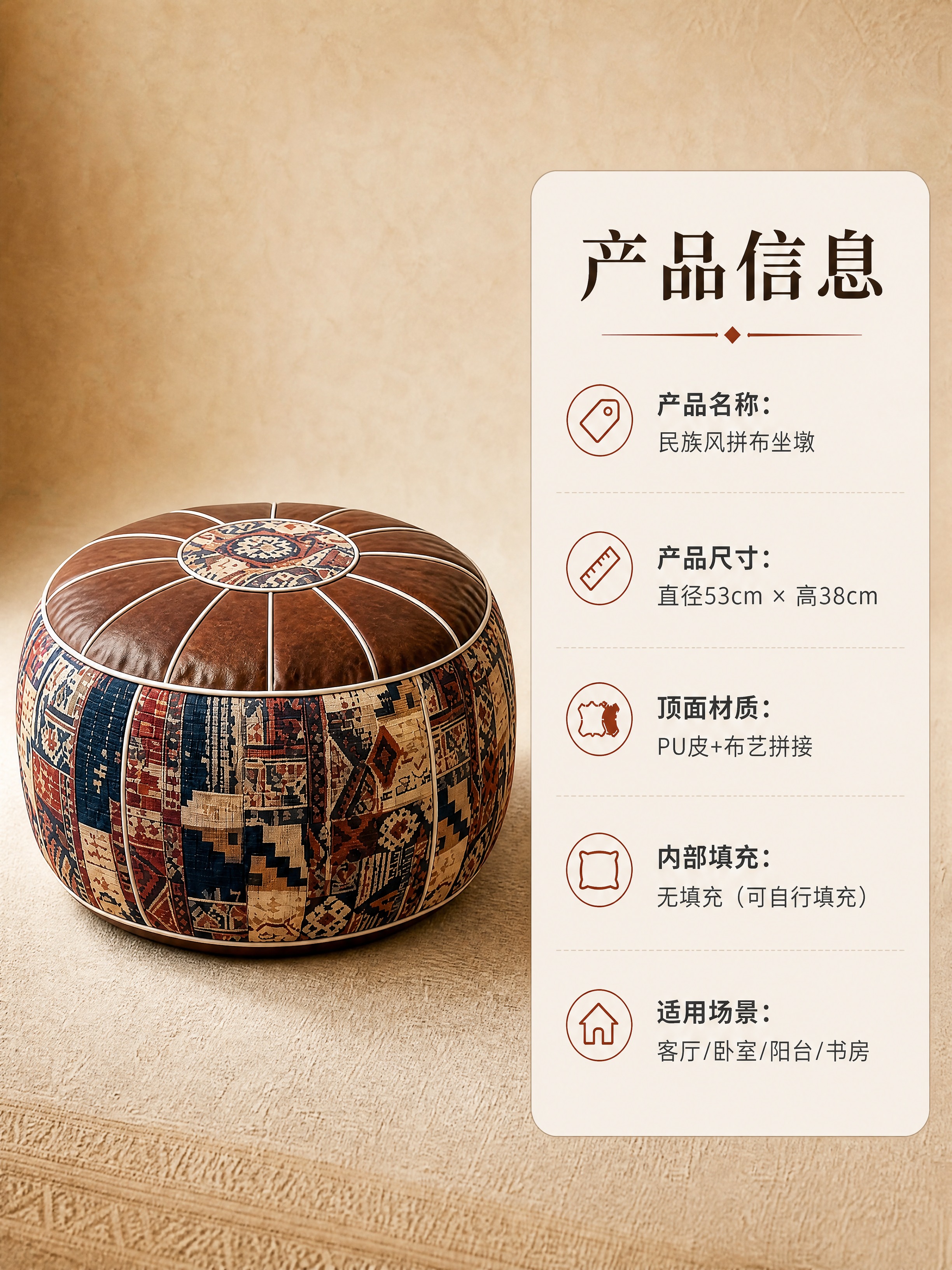 [商品] 使用【图1】民族风拼布坐墩产品信息图；保留坐墩圆形轮… - 图片创意预览