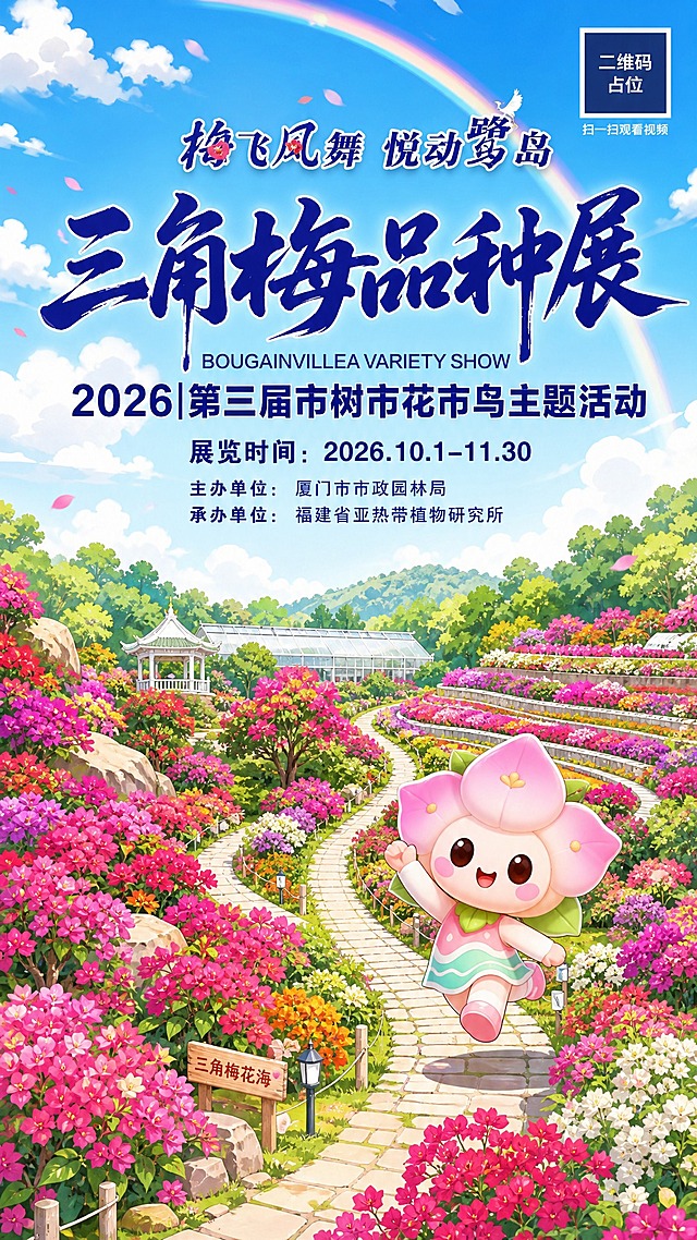 基于参考图进行整体重绘，将实景园区转化为日系漫画/插画风格，画面色彩明亮清新、饱和度适中偏高，充满治愈感和游玩氛围。

画面结构：竖版海报，上方为蓝天白云和一道淡淡的彩虹，中部为大面积三角梅花海园区的漫画化场景——层层叠叠的花田、蜿蜒的石板小路、远处的白色小亭子和温室建筑、绿色山丘树林，全部用手绘漫画线条+平涂上色风格呈现，保留园区纵深感和游玩动线。

IP形象：画面中下部偏右位置放置一个可爱的三角梅IP吉祥物，粉色花朵造型头部、绿色花萼、圆润身体，姿态改为活泼跳跃/挥手的动感姿势，表情开心愉悦，仿佛正在园区里游玩漫步，色彩保持粉嫩柔和但更通透有光泽，增加动态感和亲和力。

文字排版（全部文字必须清晰可读）：
- 顶部主视觉大字："梅飞凤舞 悦动鹭岛"
- 主标题："三角梅品种展"（大字书法风格，深蓝色）
- 英文副标题："BOUGAINVILLEA VARIETY SHOW"
- 副标题："2026|第三届市树市花市鸟主题活动"
- 信息行："展览时间：2026.10.1-11.30"
- 主办单位："厦门市市政园林局"
- 承办单位："福建省亚热带植物研究所"
- 右上角放置一个纯色方块二维码占位符，方块中央标注"二维码占位"文字，下方小字"扫一扫观看视频"

整体风格：日系治愈漫画风，线条干净，色彩明快，层次分明，版式精美，有层次感和空间纵深感，充满春日花展的轻松愉悦氛围。

画面中所有数字必须精确渲染，不得错位、遗漏或编造。画面中所有信息区域必须填充完整合理的内容，不得出现空白框或待填写区域。