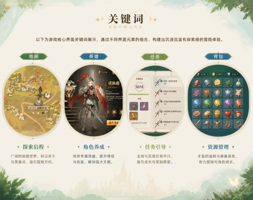 使用提供的模板制作一张关键词介绍页面，排版参考示例图image2：顶部标题为"关键词 KEYWORD"，下方放置四个圆形框展示提供的四张游戏界面内容图image3 map、image4 hero、im预览效果