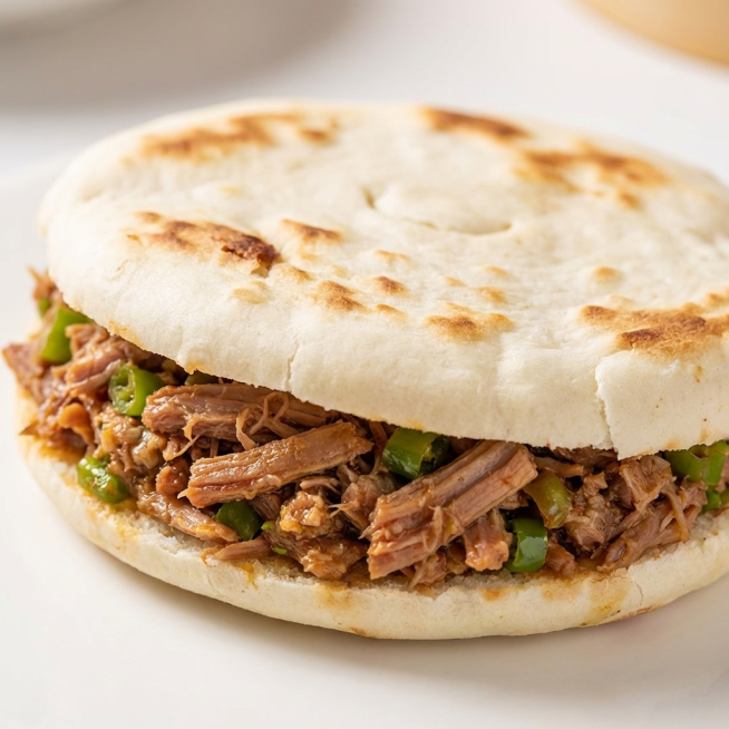 肉夹馍产品位于画面正中心，突出产品主体，让人看了有食欲，保留一个白吉馍夹腊汁肉产品主体，保留饼皮的焦色纹理和肉馅细节，背景简单干净，整体画质清晰，色彩浓郁有食欲，产品主体占据整个画面60%-80%，微预览效果