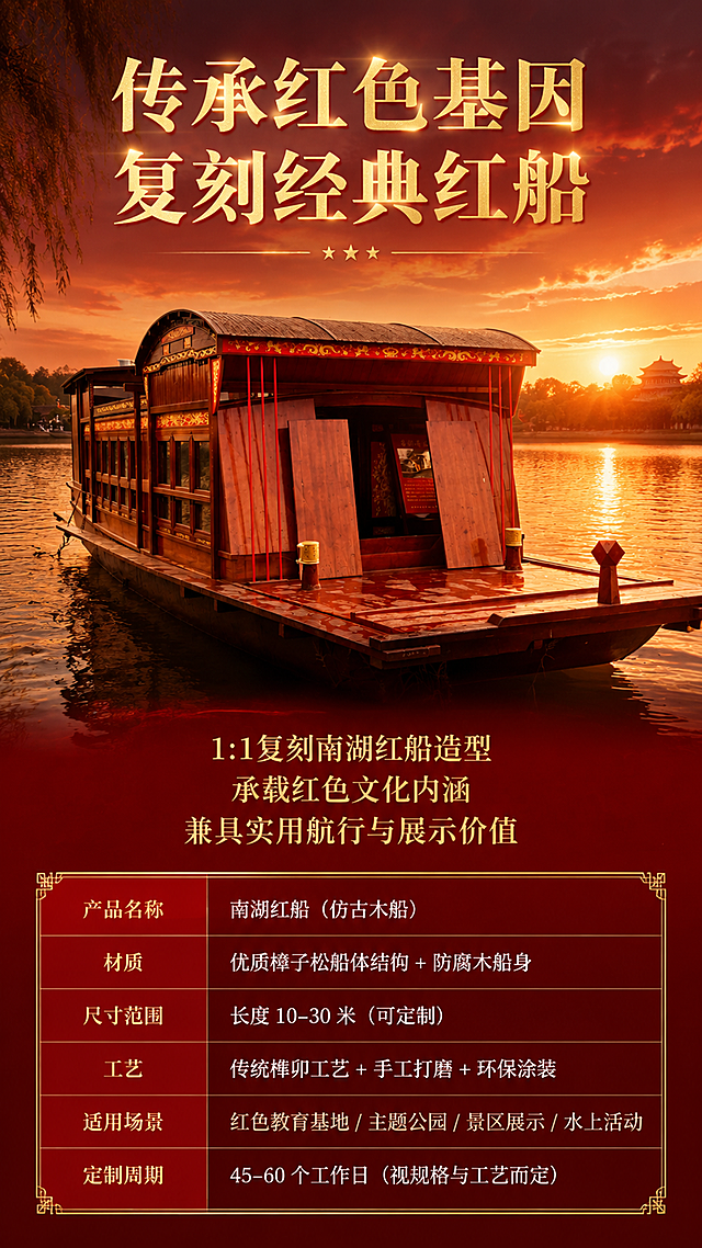 [第8屏] 详情页文化价值+产品参数规格-收口页。本屏使用【图1】作为产品主体，配合参数表。
[氛围/风格] 庄重收尾风，红色文化内涵+专业参数展示，大气正式。
[元素布局] 上半部分为红船正面45°全貌（取自图1），占比约45%，背景为南湖湖面+霞光效果，营造红色文化氛围感；下半部分为规格参数表+文化价值文案；背景深红渐变至底部。
[光影质感] 黄昏暖光，船体镀上金色边光，湖面有霞光倒影，整体庄重温暖。
[配色色系] 全局底色 #3D0000 深红渐变；主色中国红+烫金；辅助色霞光橙、白色。
[视角构图] 上下分区，阅读动线：上方红船文化氛围 → 中部文化价值文案 → 下方参数表。
[文字版式] 船体上方配烫金大标题「传承红色基因 复刻经典红船」；船体下方文化价值段：「1:1复刻南湖红船造型 承载红色文化内涵 兼具实用航行与展示价值」；底部参数表（金色边框）：「产品名称」「材质」「尺寸范围」「工艺」「适用场景」「定制周期」六行参数，参数内容用白色简洁文字，表头烫金；整体宋体字，庄重正式。
[比例分辨率] 9:16竖版比例，4K分辨率，文字清晰。
[负向提示词] 船体变形，参数表模糊，文字过小，水印，颜色偏差，结构错误。
