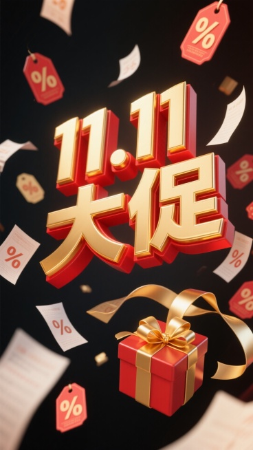 3D大字，红金风格，文字内容为“11.11大促"，周围散落着折扣标签和礼盒预览效果