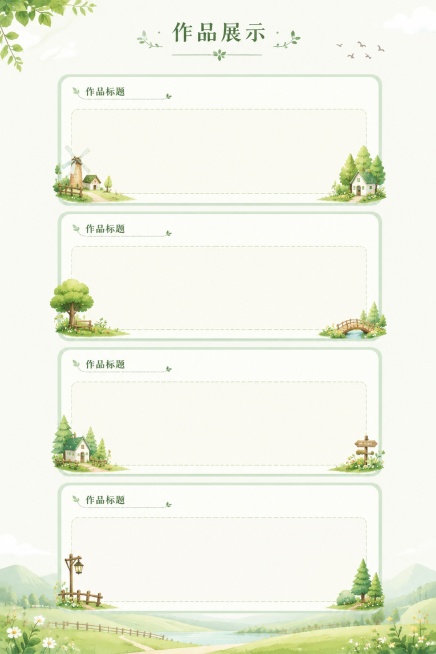 [第3屏] 本屏功能定义：个人作品集作品展示区域，预留多作品卡片排版位置，保持风景元素风格统一。
[氛围/风格] 清新自然风景插画风格，排版清晰，层次分明
[元素布局] 顶部放置「作品展示」小标题，下预览效果