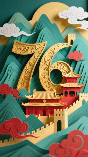 纸雕艺术风格，主体为立体的金色数字“76”，数字内部及周围融合天坛、长城、中式传统楼阁等中国标志性建筑；背景是层叠的青绿色山峦与带有传统纹样的白色祥云；色调以暖金色为主，搭配朱红色的建筑细节、青绿色的预览效果