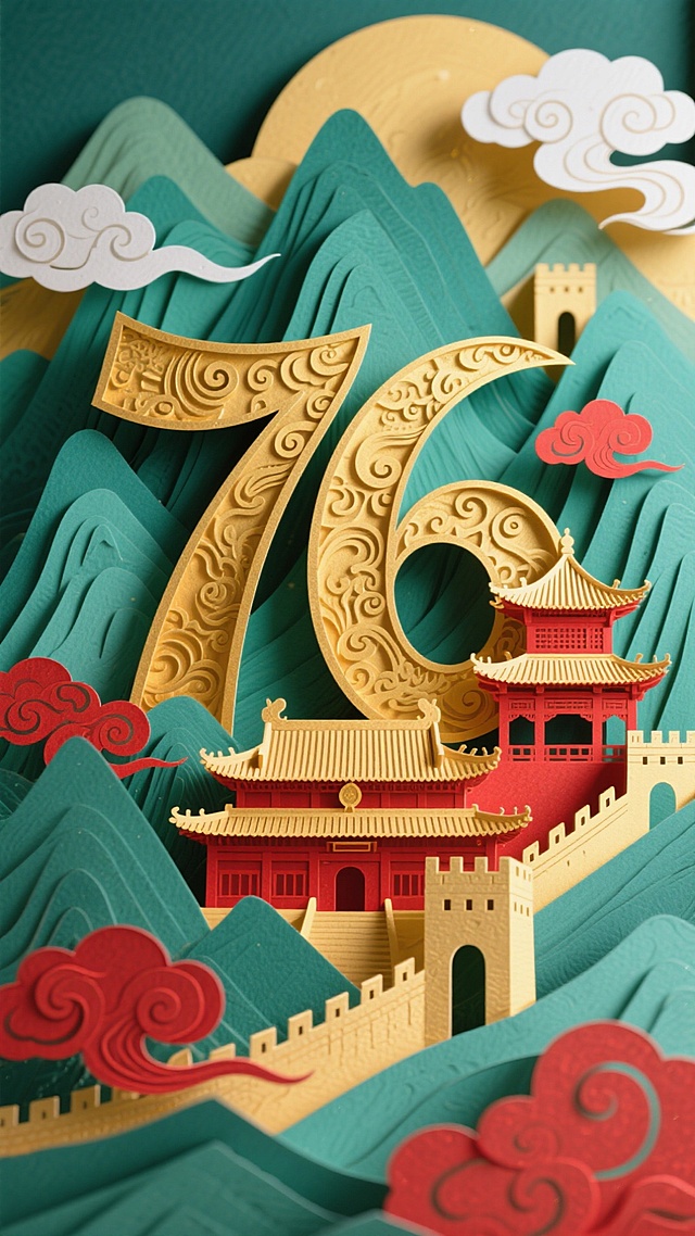 撕纸风与浮雕工艺结合，呈现国潮美学，金色“76”与红墙黄瓦建筑在青绿山峦间层叠，云纹点缀，喜庆而富有体积感的微缩艺术场景。