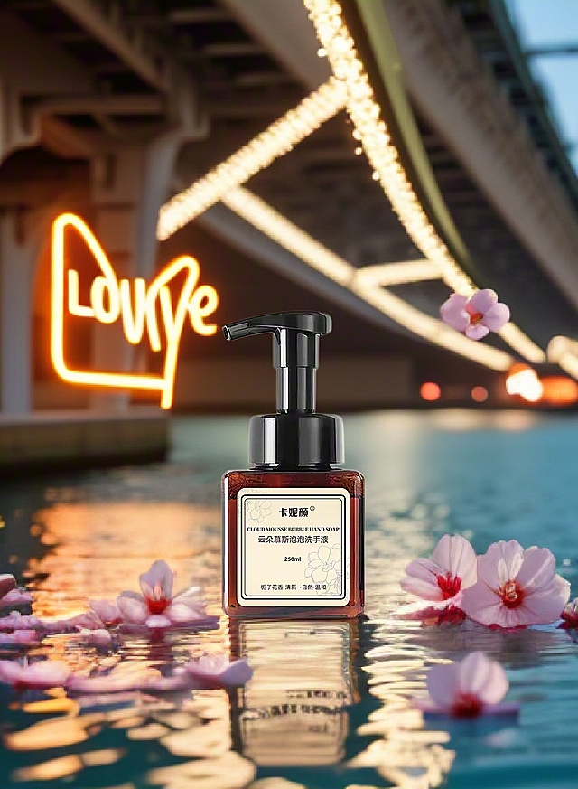 夜色下，湖水漾着暖光，“LOVE” 霓虹闪烁，产品伴樱花静立，浪漫的小确幸