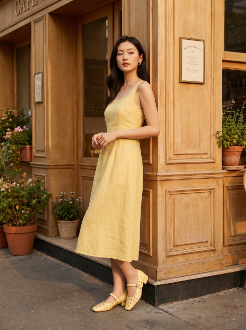 [主图 5] 鹅黄色波点玛丽珍女鞋全身穿搭展示。同一位年轻亚洲女模特，身材匀称，妆容精致，穿着鹅黄色棉麻连衣裙，搭配鹅黄色波点镂空玛丽珍鞋，站在夏日咖啡馆门口转角，身体微微侧身，姿态自然优雅。全身完整预览效果