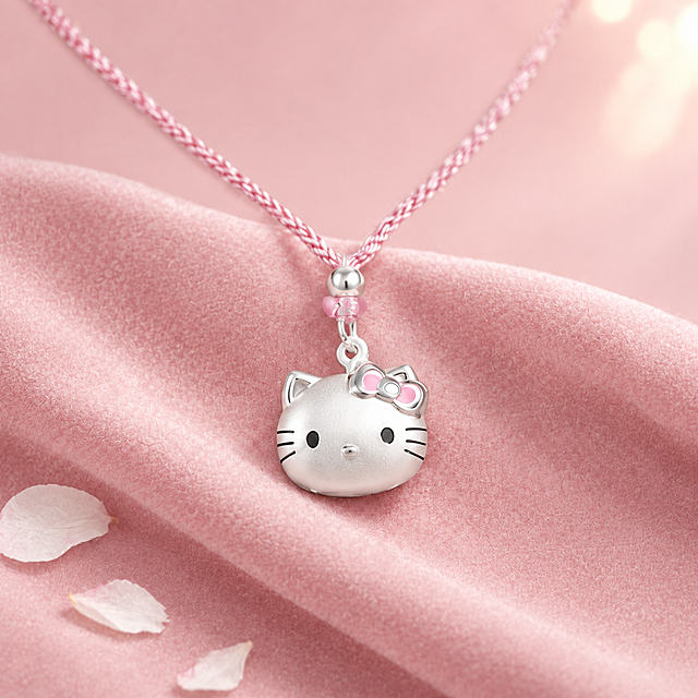 超写实珠宝首饰商业摄影。
主体：Hello Kitty吊坠项链严格参照上传产品图，完整保留所有可见组件、部件、轮廓、结构、比例、材质、颜色与产品本体上的文字信息，与上传图完全一致；自然融入场景光影，与场景共处同一物理空间。吊坠为视觉锚点，锚点占画面≥40%，链条柔焦浅景深，主光打在吊坠；产品占画面30%，微距特写，产品所有可见部件100%完整入画，距画面边缘≥6%。
构图与承载：正面微俯15°视角，项链垂挂于雾粉色绒布褶皱上呈自然弧形，中心对称构图，产品（吊坠）+主承载（绒布褶）+装饰点缀（白花瓣）构成对角视觉三角，严禁中央堆叠。
风格：F日韩清新·主色雾粉+副色奶白。
场景概念：雾粉色丝绒布褶皱作为主承载道具，项链自然垂落其上，吊坠居中正对镜头。
承载与背景：雾粉色柔渐变背景≥60%大留白，明度由中心向边缘柔和过渡，质感细腻无杂质。
陪衬物：①左下角散落3片白色小花瓣，哑光质感；②右上角一缕柔焦光斑，暖调柔光；总元素≤5件，单件点缀≤5%画面占比。
配色：主色调雾粉色≥70%，奶白+银色+浅粉点缀；画面颜色≤4种：雾粉、奶白、银色、浅粉。
光影：顶部弥散光单光源主导，柔光无影，主光打在Hello Kitty吊坠正面，锚点亮度比环境高≥1档曝光；投影方向单一柔和，长度约画面30%，与产品、绒布、花瓣构成视觉三角；金属面呈现柔和哑光金属高光带，丝绒背景有细腻光晕落差。
参数：4K写实光追，商业级新品质感，无划痕无氧化。严格锁定宽高比为1:1。